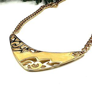 Vintage Gold-Tone Bib Necklace With Intricate Cutout Design & Link Chain